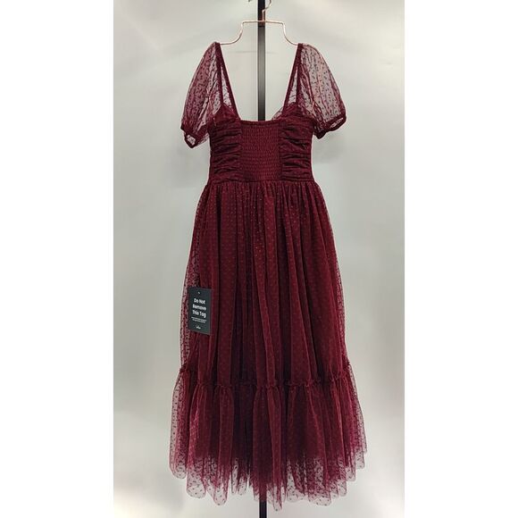 Lulus Sweet Amor Tulle Swiss Dot Tiered Bustier Midi Dress Burgundy S - Picture 3 of 3
